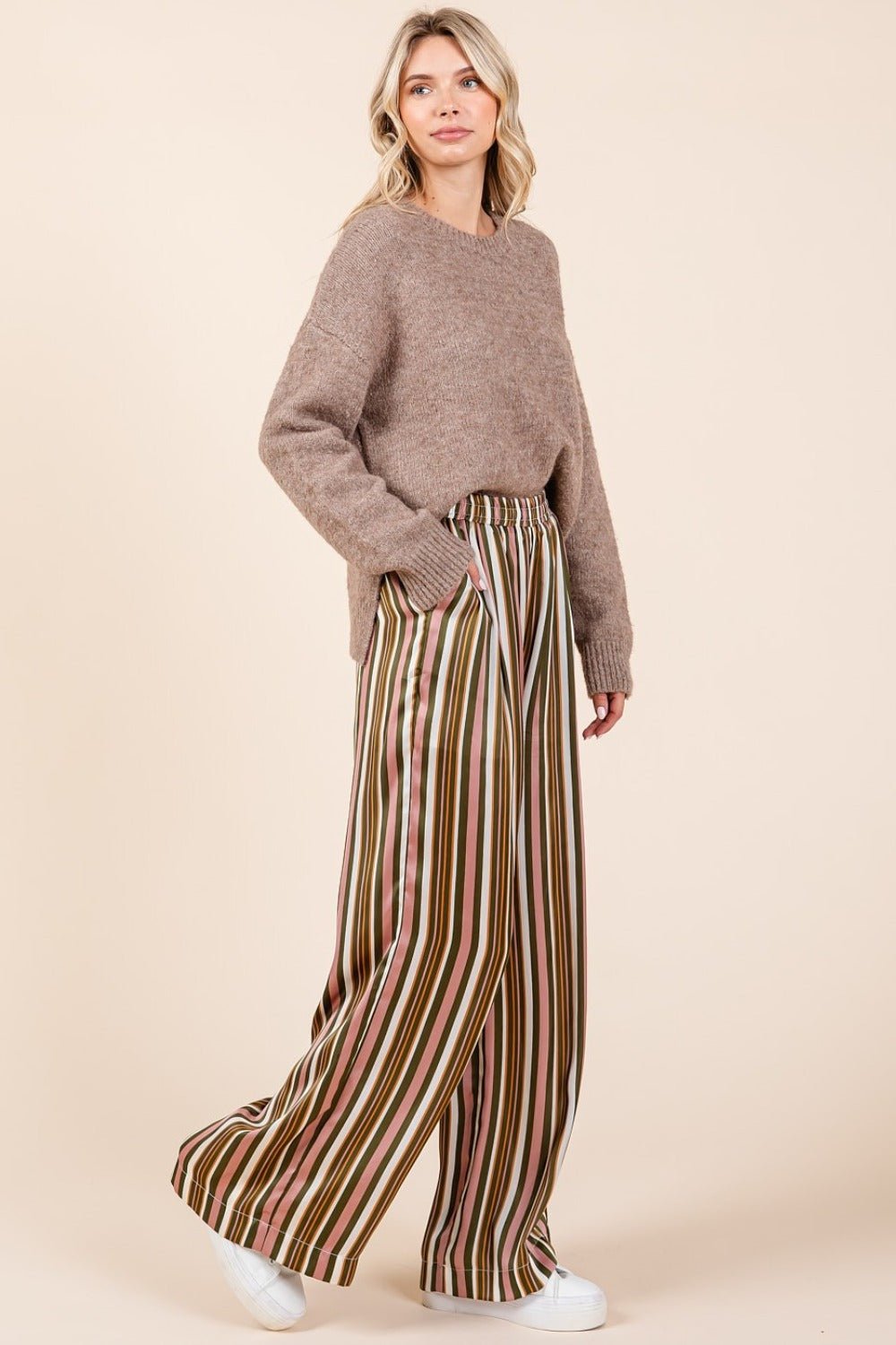 Mittoshop Striped Satin Elastic Waist Wide Leg Pants - Pants - Mauve Multi - Bella Bourget