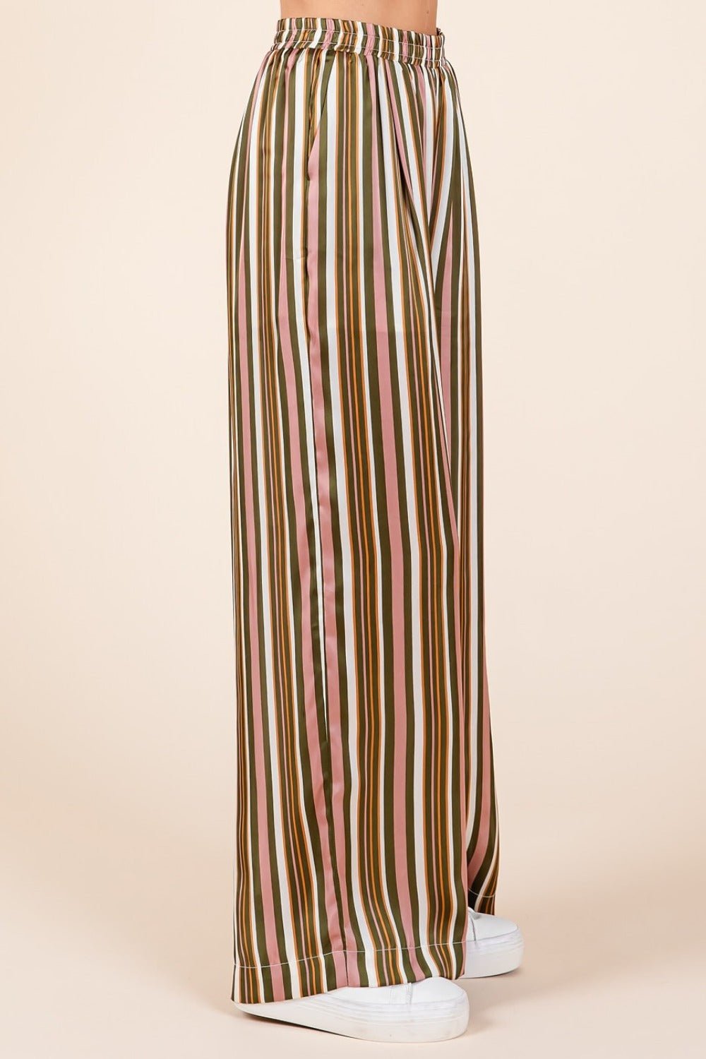 Mittoshop Striped Satin Elastic Waist Wide Leg Pants - Pants - Mauve Multi - Bella Bourget