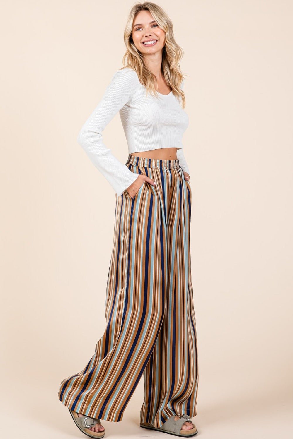 Mittoshop Striped Satin Elastic Waist Wide Leg Pants - Pants - Navy Multi - Bella Bourget