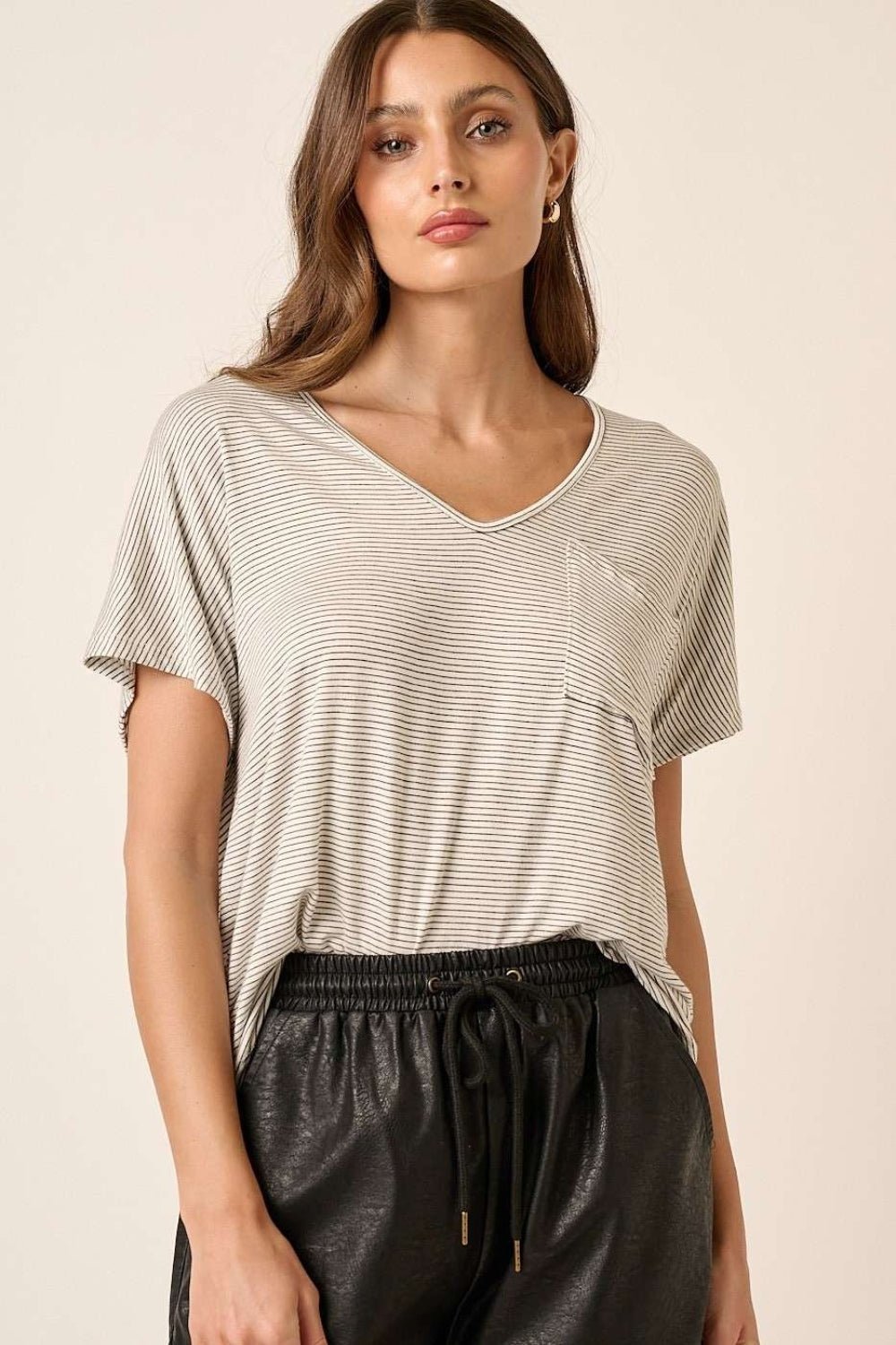 Mittoshop Striped V - Neck Short Sleeve T - Shirt - Top - Ivory/black - Bella Bourget