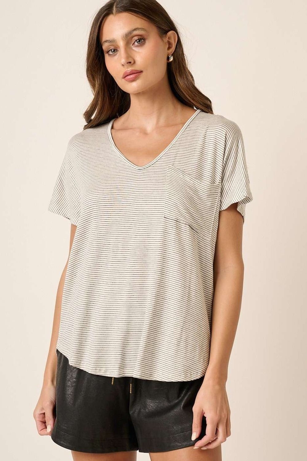 Mittoshop Striped V - Neck Short Sleeve T - Shirt - Top - Ivory/black - Bella Bourget