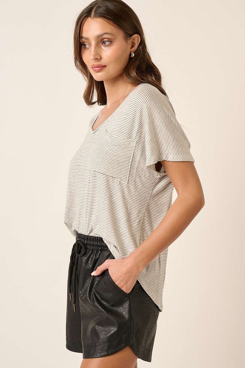 Mittoshop Striped V - Neck Short Sleeve T - Shirt - Top - Ivory/black - Bella Bourget