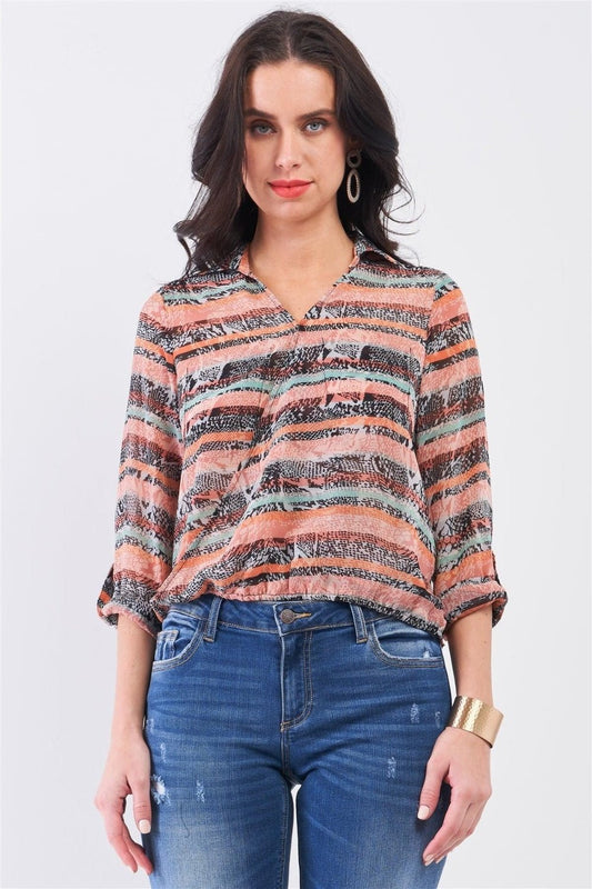 Mono B Cutout Johnny Collar Three - Quarter Sleeve Blouse - Top - Animal Print Coral Multi - Bella Bourget