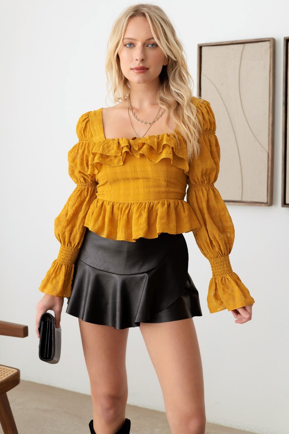 MUSTARD SEED Boho Shirred Smocked Peplum Long Sleeve Top - Top - Dijon - Bella Bourget