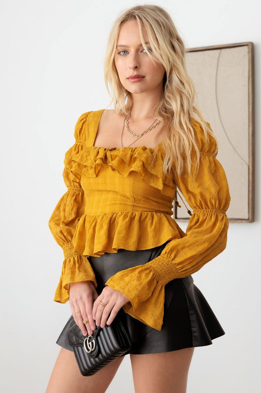 MUSTARD SEED Boho Shirred Smocked Peplum Long Sleeve Top - Top - Dijon - Bella Bourget