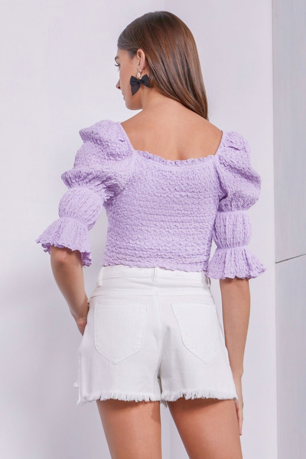 MUSTARD SEED Crinkle Texture Puff Sleeve Crop Top - Top - Lavender - Bella Bourget