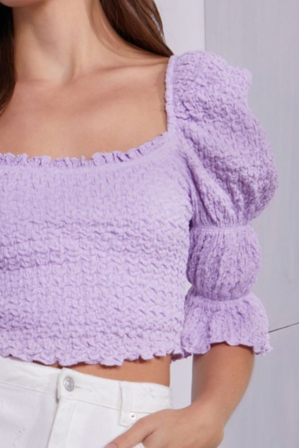 MUSTARD SEED Crinkle Texture Puff Sleeve Crop Top - Top - Lavender - Bella Bourget