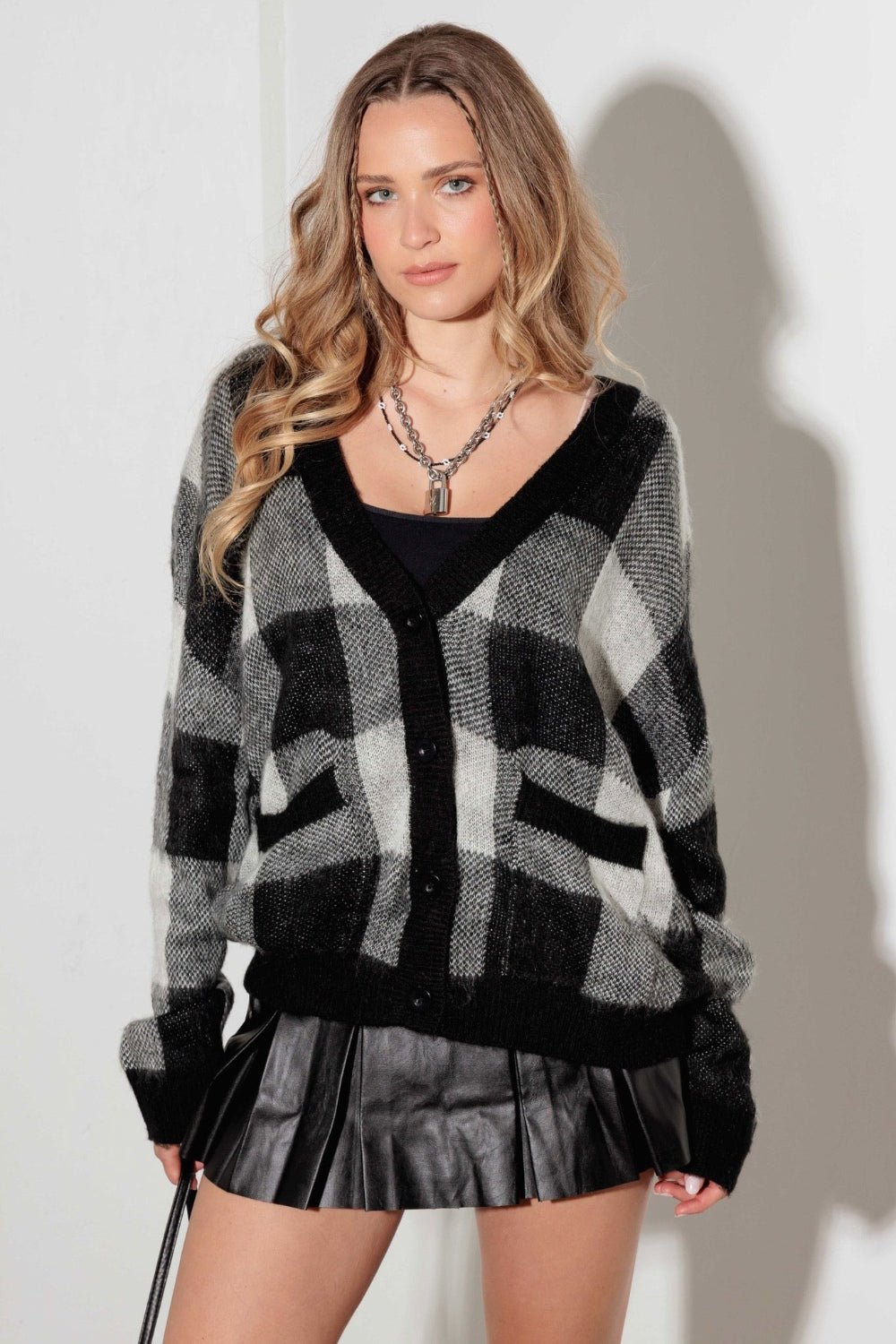 Mustard Seed V - Neck Checkered Cardigan with Pockets - Cardigan - Black White - Bella Bourget