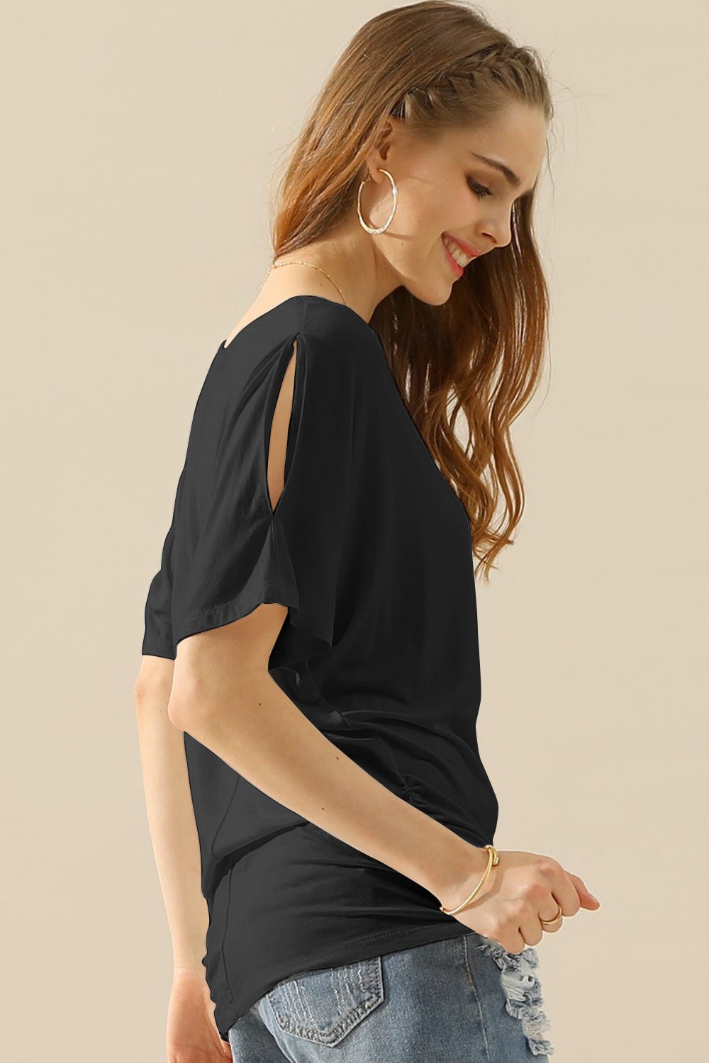 Ninexis Boat Neck Short Sleeve Ruched Side Top - blouse - BLACK - Bella Bourget