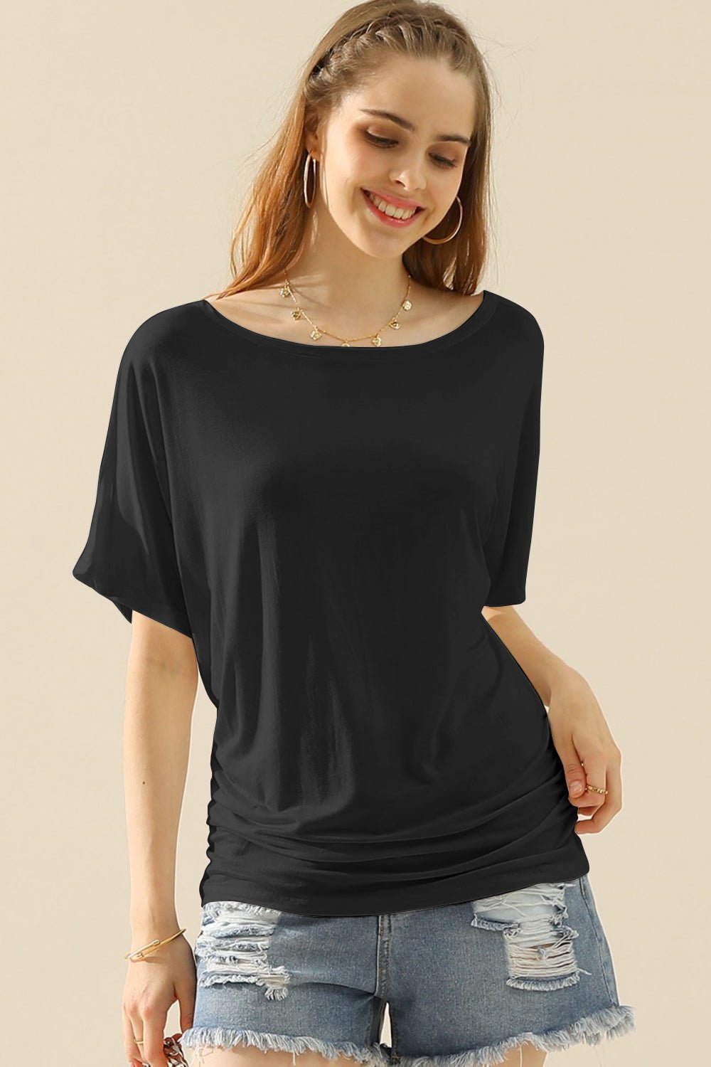 Ninexis Boat Neck Short Sleeve Ruched Side Top - blouse - BLACK - Bella Bourget