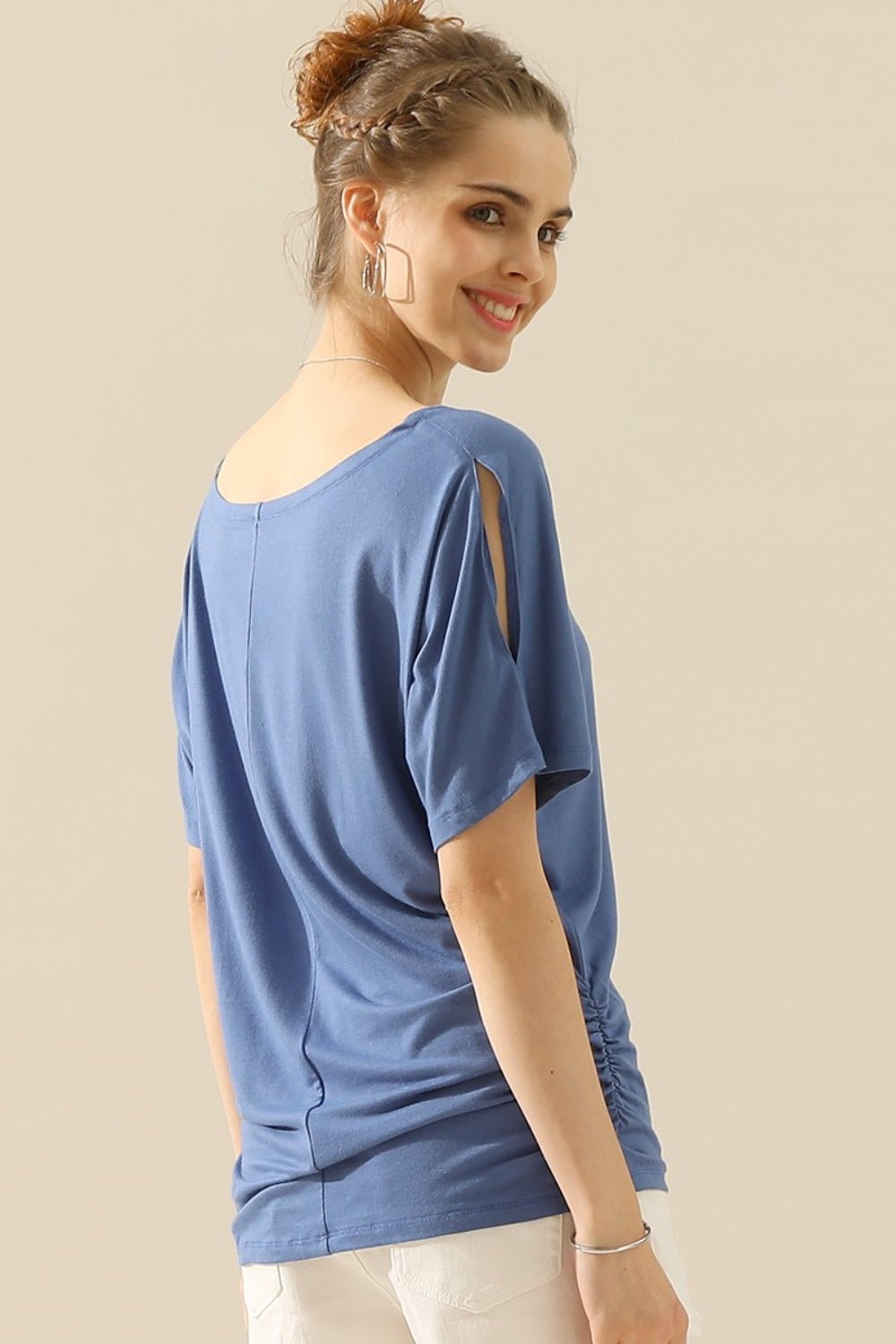 Ninexis Boat Neck Short Sleeve Ruched Side Top - blouse - DENIM BLUE - Bella Bourget