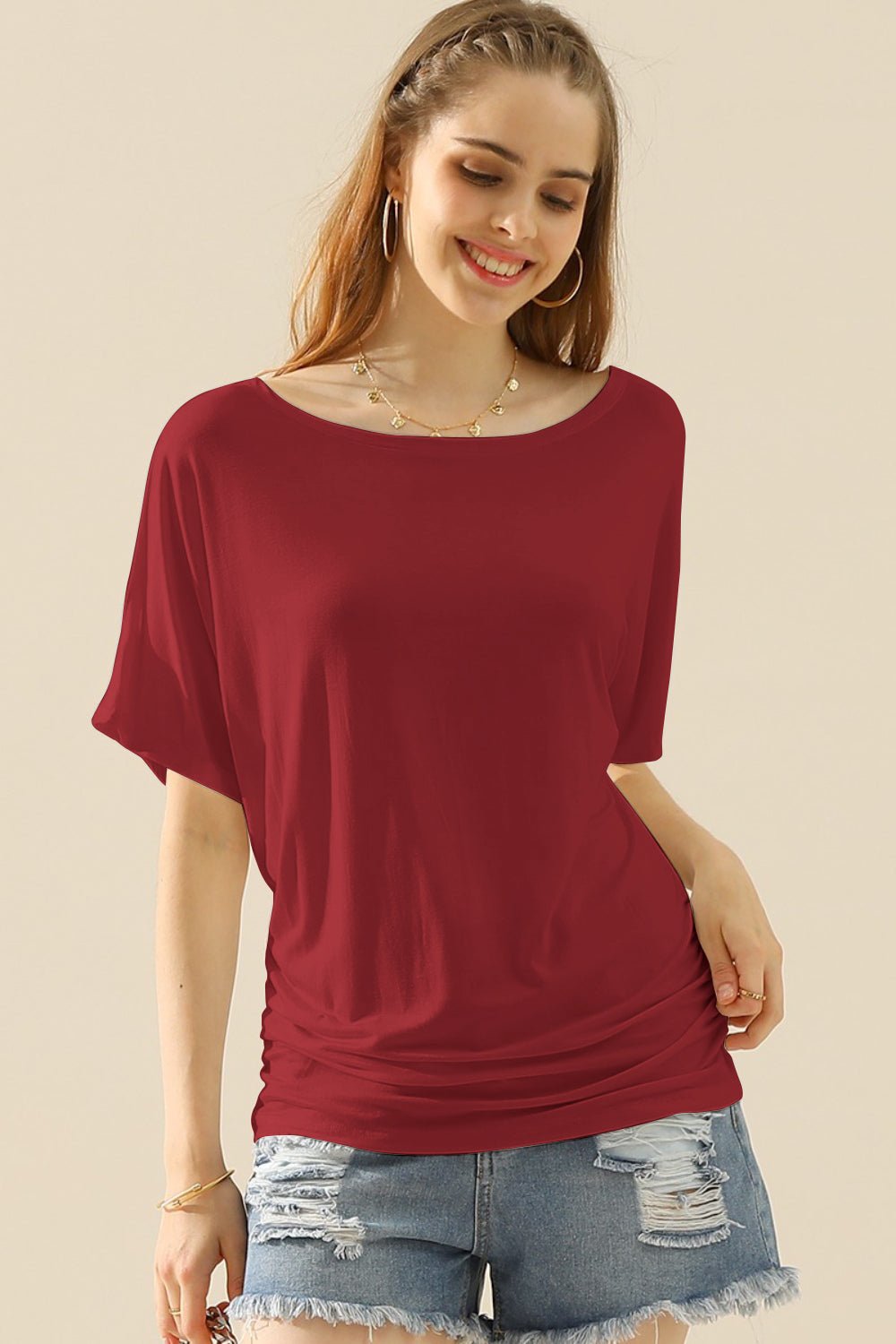 Ninexis Boat Neck Short Sleeve Ruched Side Top - blouse - BURGUNDY - Bella Bourget