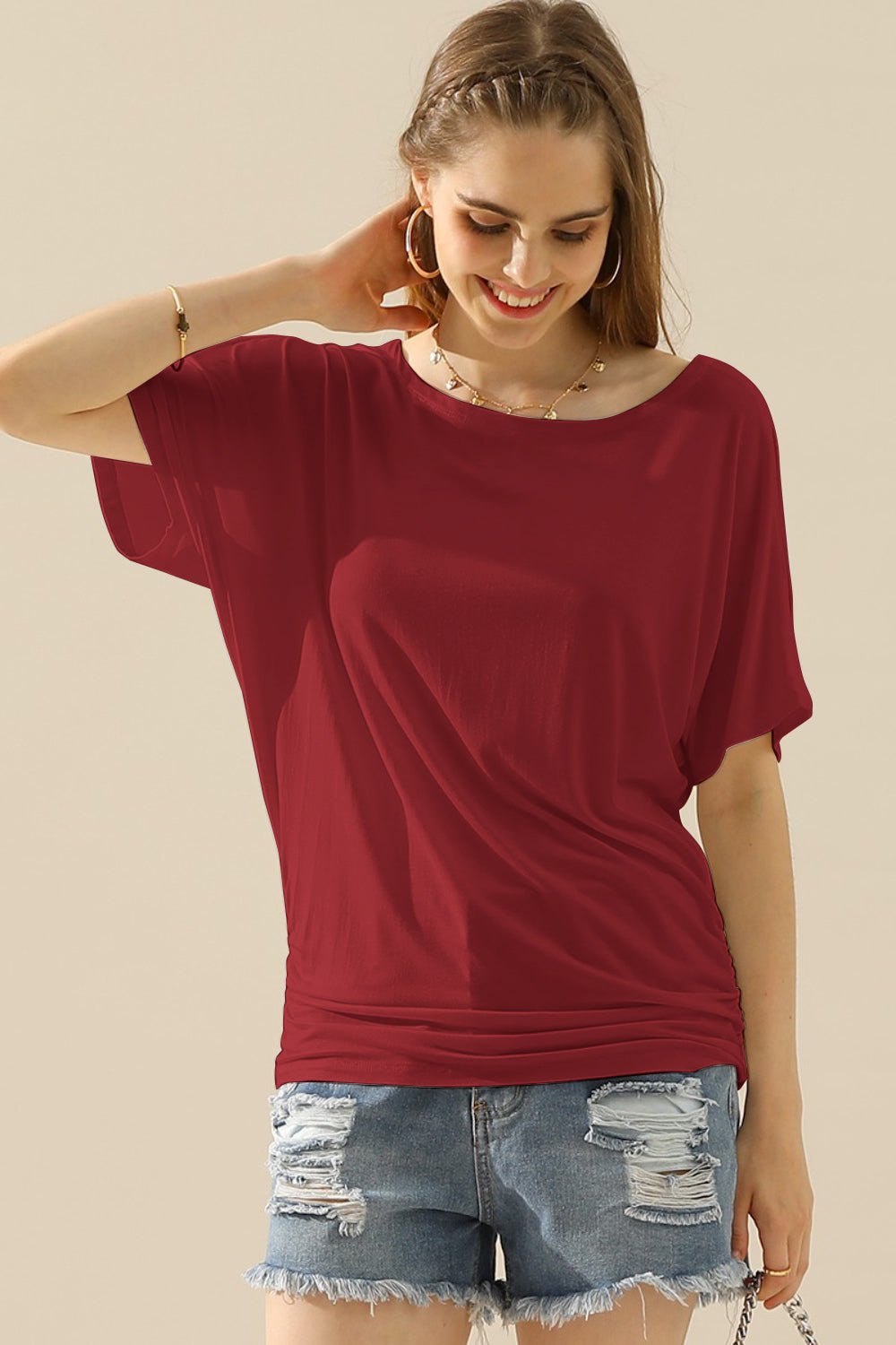 Ninexis Boat Neck Short Sleeve Ruched Side Top - blouse - BURGUNDY - Bella Bourget