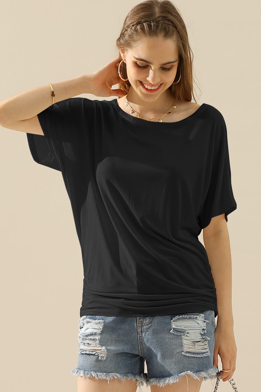 Ninexis Boat Neck Short Sleeve Ruched Side Top - blouse - BLACK - Bella Bourget