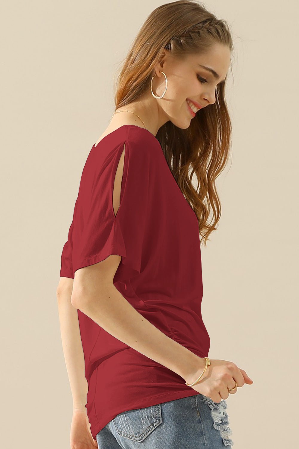 Ninexis Boat Neck Short Sleeve Ruched Side Top - blouse - BURGUNDY - Bella Bourget