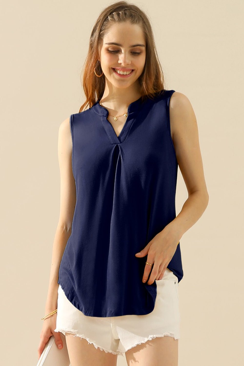 Ninexis Full Size Notched Sleeveless Top - Top - NAVY - Bella Bourget