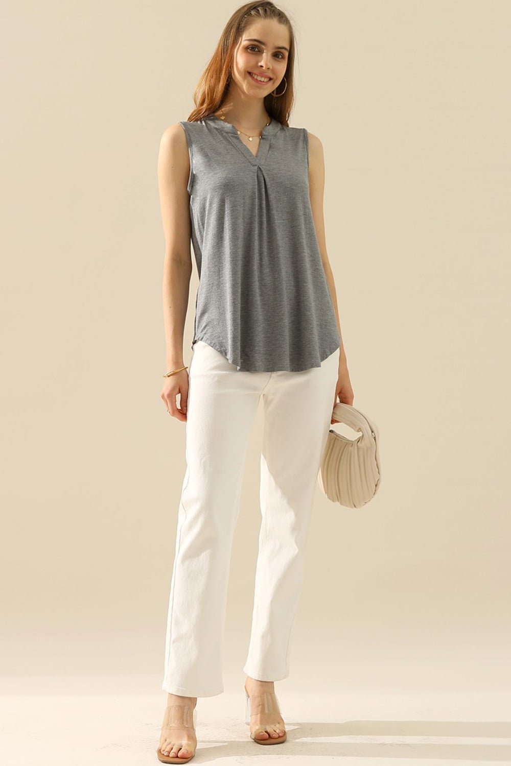 Ninexis Full Size Notched Sleeveless Top - Top - H GREY - Bella Bourget