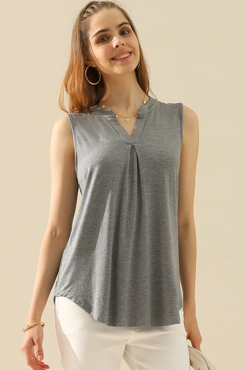 Ninexis Full Size Notched Sleeveless Top - Top - H GREY - Bella Bourget