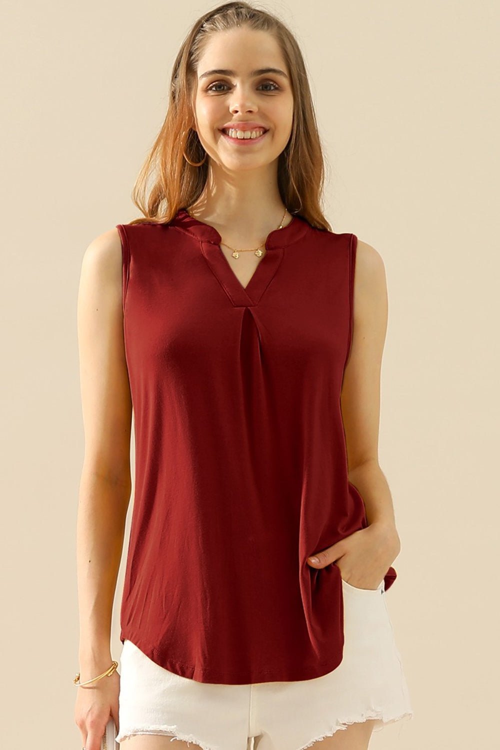 Ninexis Full Size Notched Sleeveless Top - Top - BURGUNDY - Bella Bourget