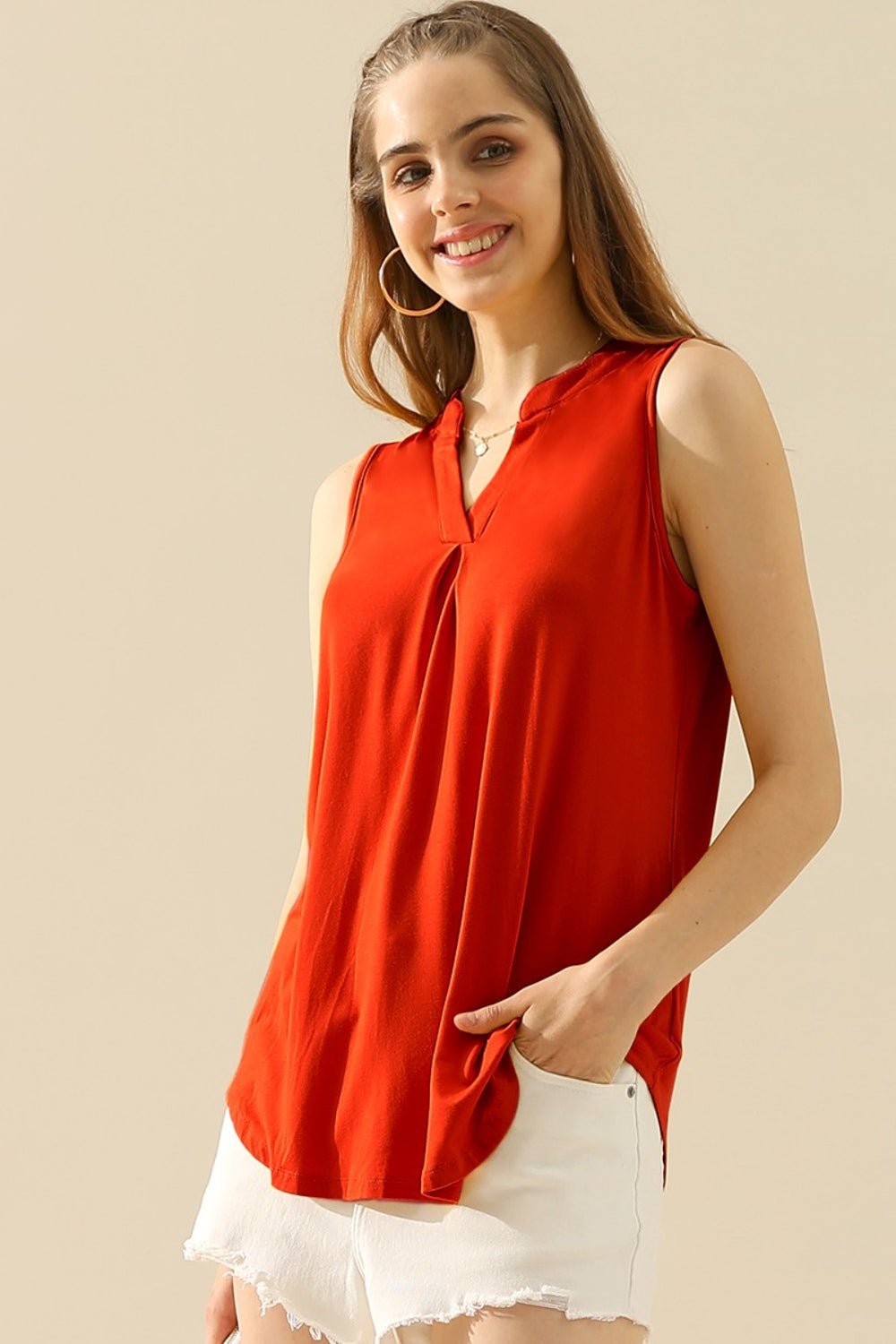 Ninexis Full Size Notched Sleeveless Top - Top - RED - Bella Bourget