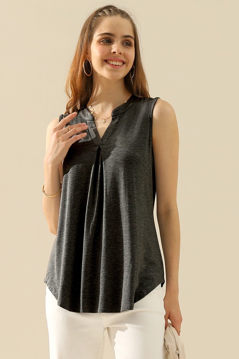 Ninexis Full Size Notched Sleeveless Top - Top - H CHARCOAL - Bella Bourget