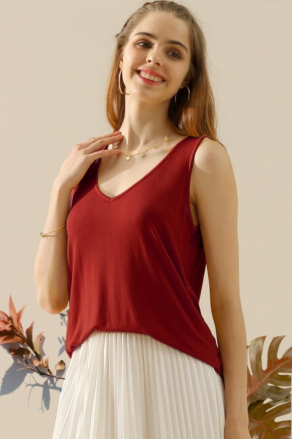 Ninexis Full Size V - Neck Curved Hem Tank - Top - BURGUNDY - Bella Bourget