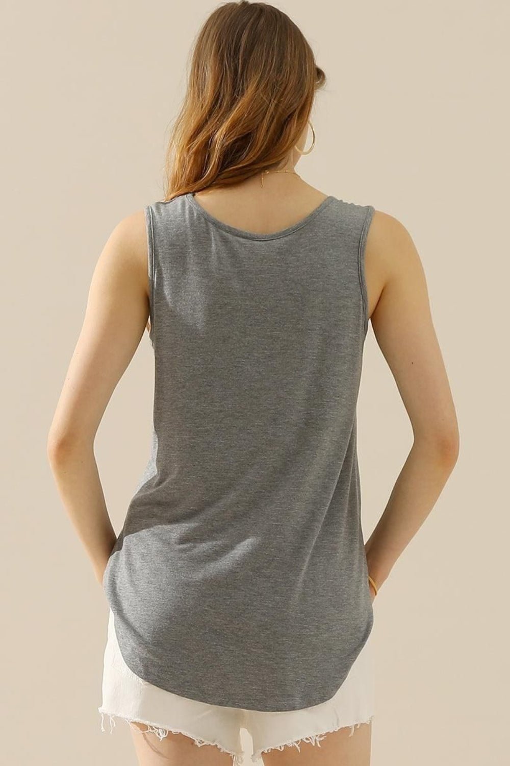 Ninexis Full Size V - Neck Curved Hem Tank - Top - H GREY - Bella Bourget