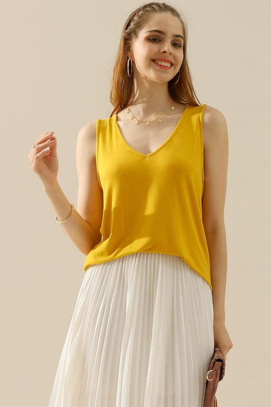 Ninexis Full Size V - Neck Curved Hem Tank - Top - MUSTARD - Bella Bourget