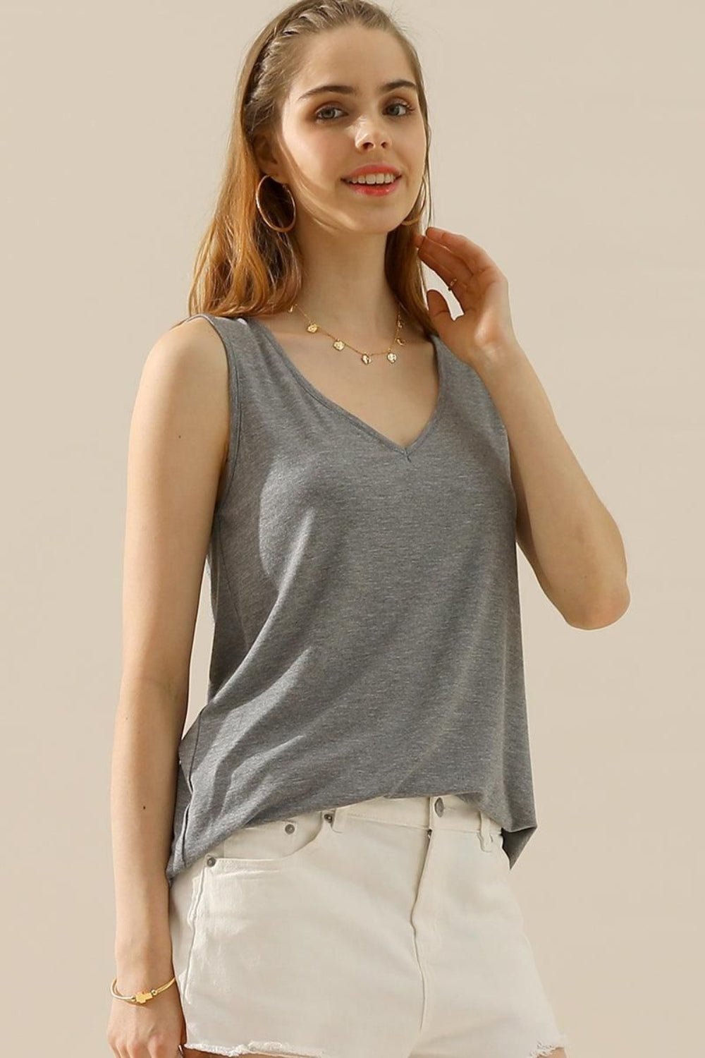 Ninexis Full Size V - Neck Curved Hem Tank - Top - H GREY - Bella Bourget