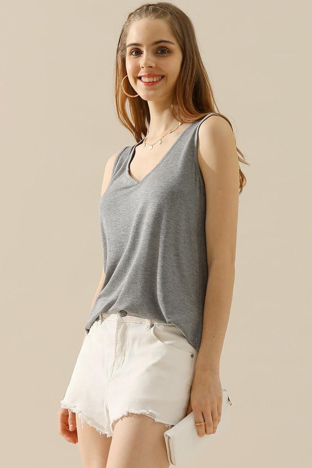 Ninexis Full Size V - Neck Curved Hem Tank - Top - H GREY - Bella Bourget