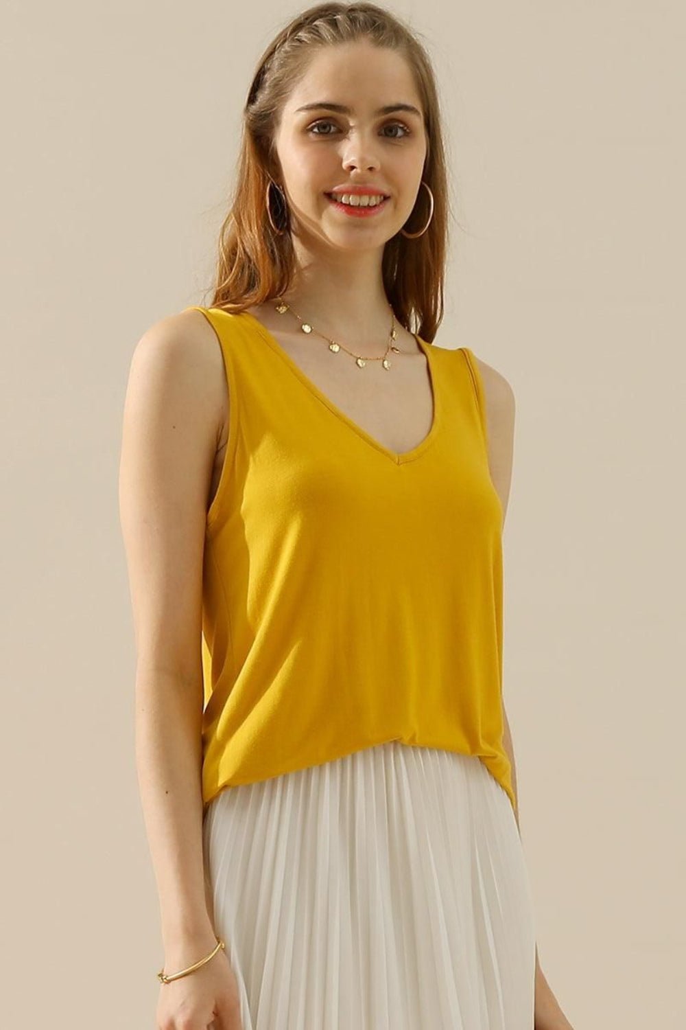 Ninexis Full Size V - Neck Curved Hem Tank - Top - MUSTARD - Bella Bourget