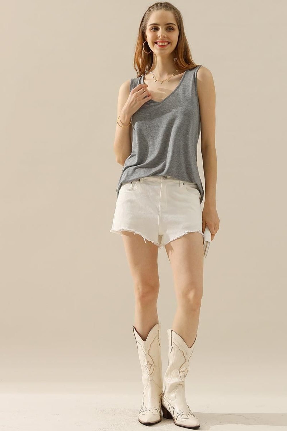 Ninexis Full Size V - Neck Curved Hem Tank - Top - H GREY - Bella Bourget