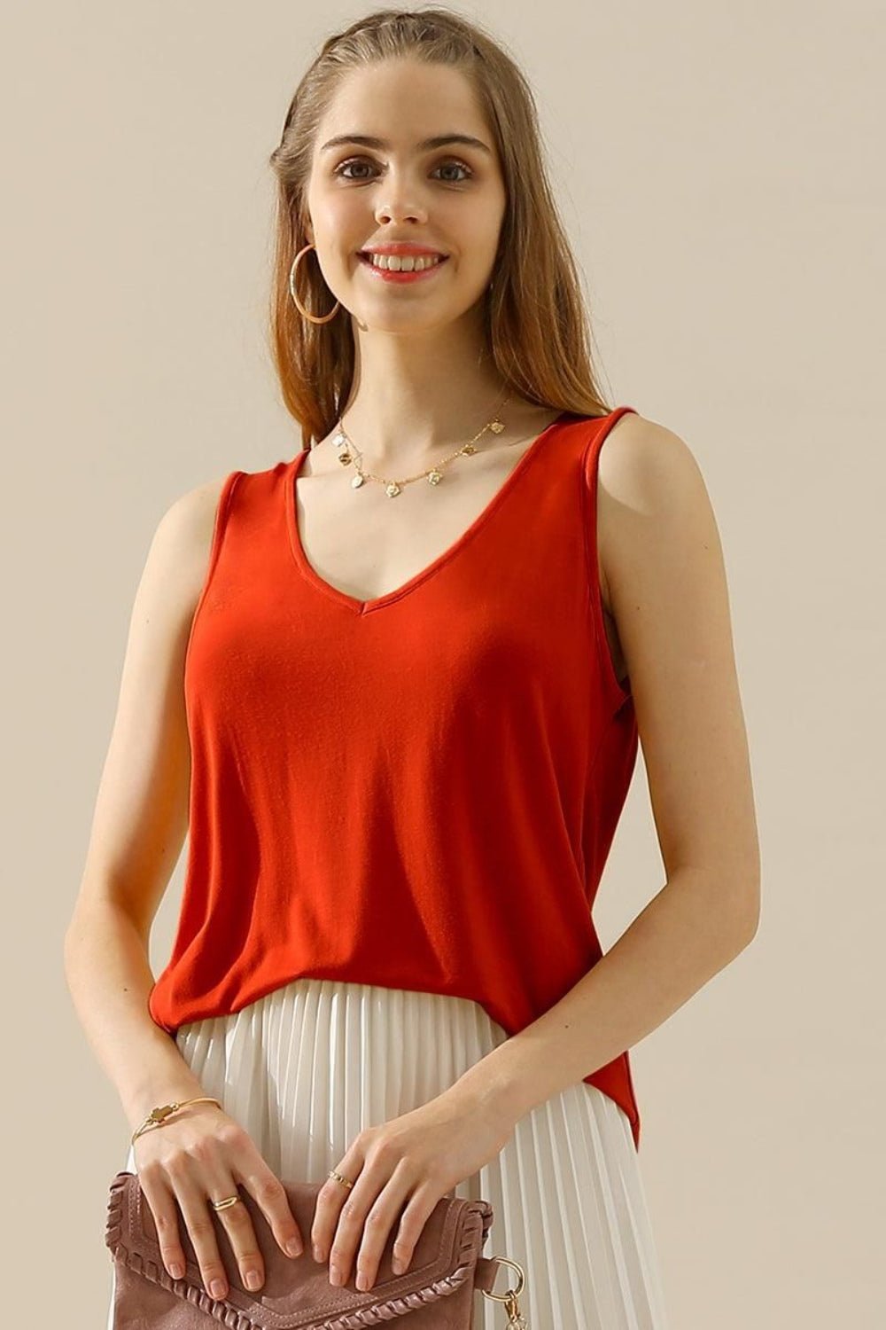 Ninexis Full Size V - Neck Curved Hem Tank - Top - RED - Bella Bourget