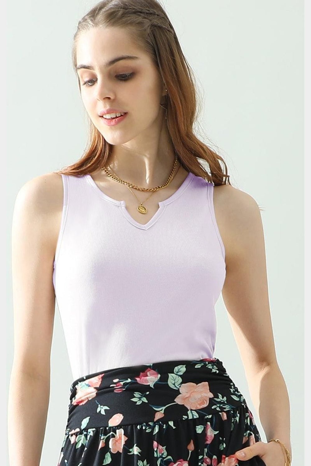 Ninexis Notched Rib Knit Tank - blouse - Lavender - Bella Bourget