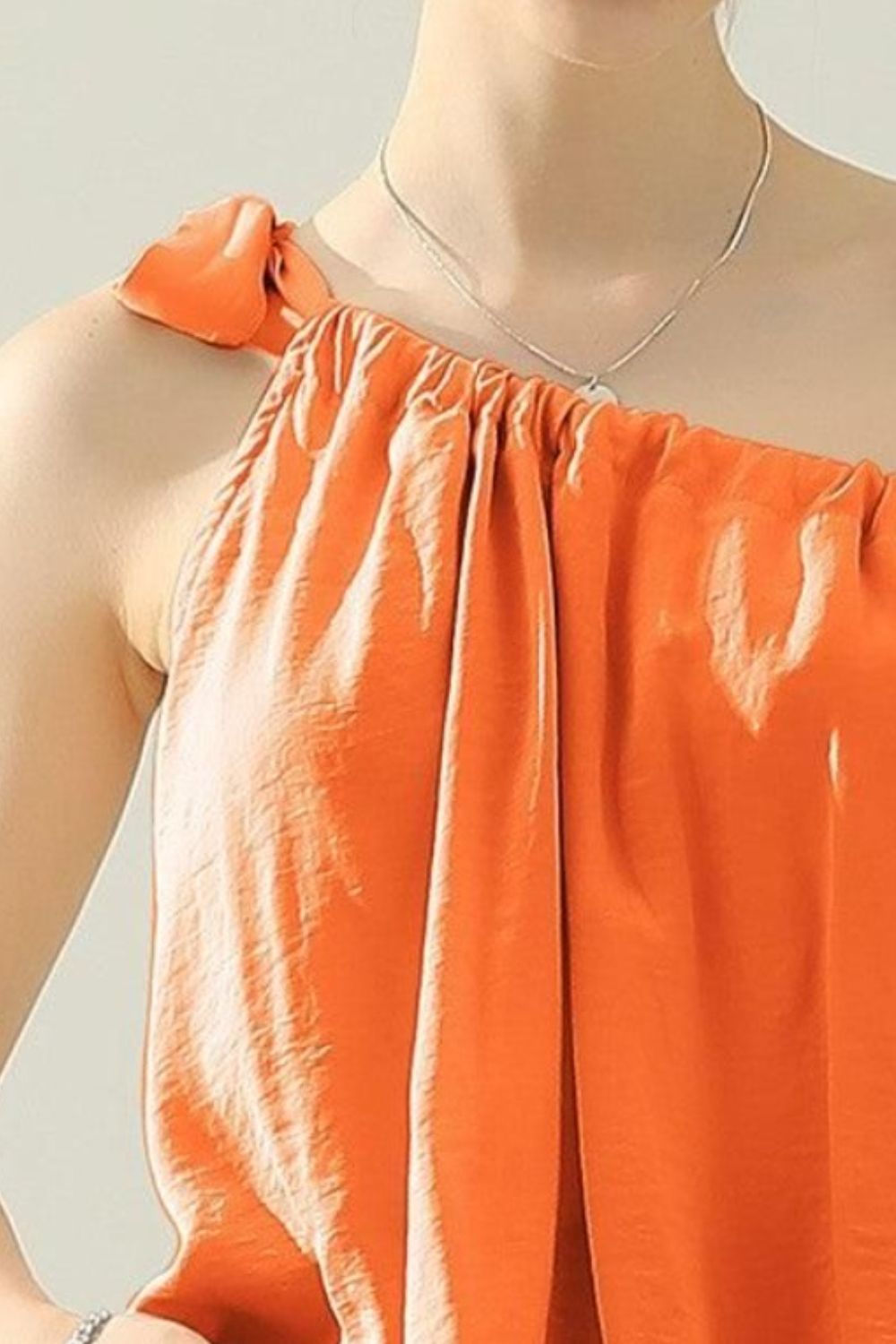 Ninexis One Shoulder Bow Tie Strap Satin Silk Top - blouse - Orange - Bella Bourget