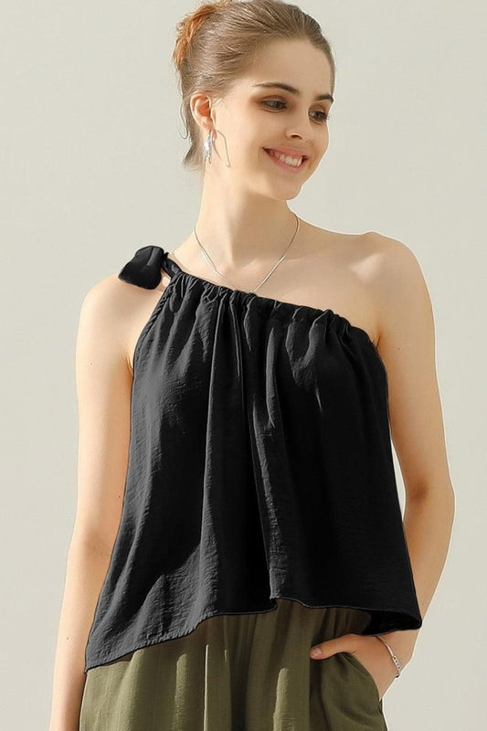 Ninexis One Shoulder Bow Tie Strap Satin Silk Top - blouse - Black - Bella Bourget