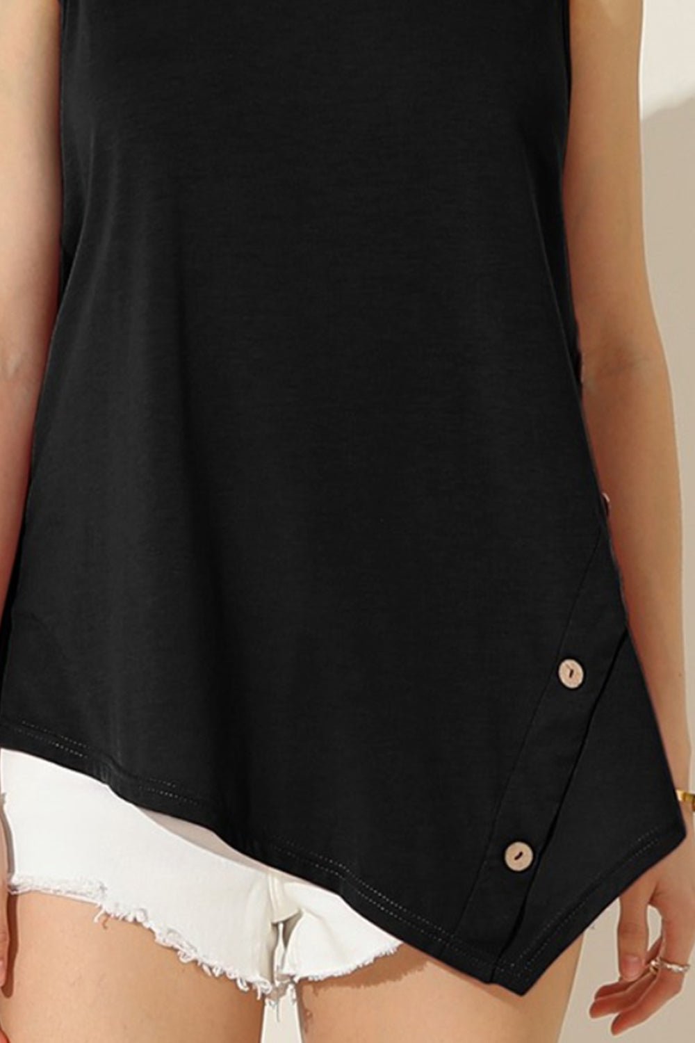 Ninexis Round Neck Button Side Tank - Blouse - Black - Bella Bourget