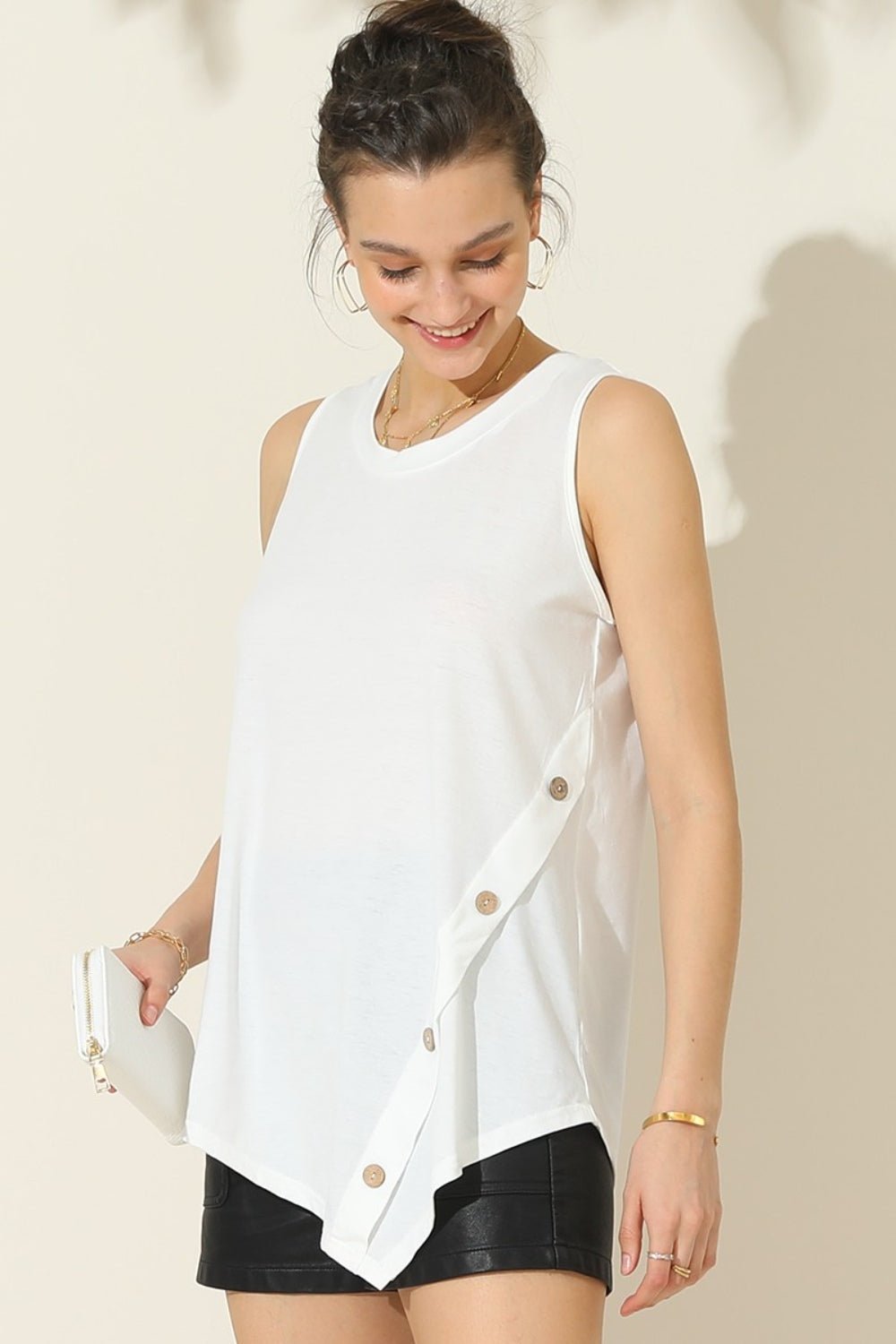 Ninexis Round Neck Button Side Tank - Blouse - White - Bella Bourget