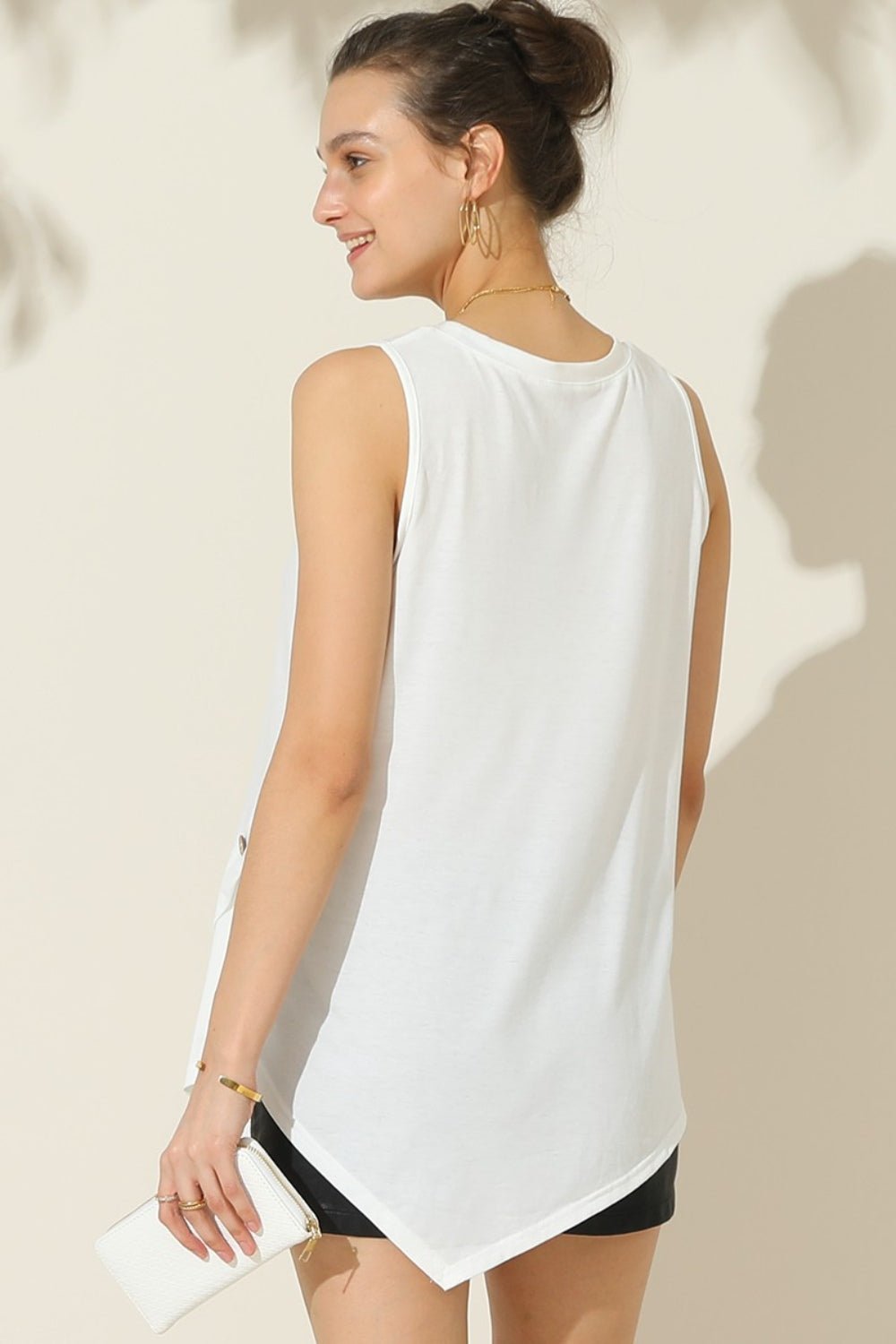 Ninexis Round Neck Button Side Tank - Blouse - White - Bella Bourget