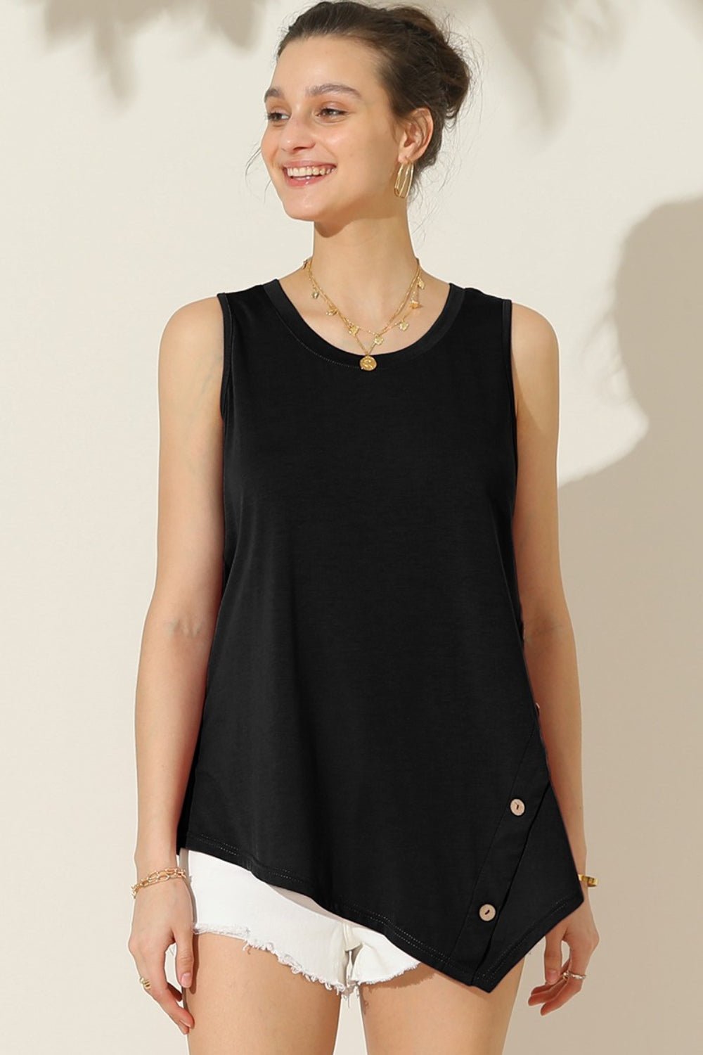 Ninexis Round Neck Button Side Tank - Blouse - Black - Bella Bourget