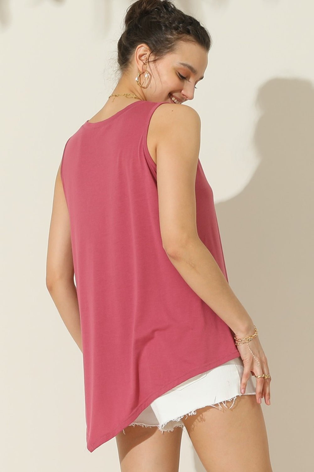 Ninexis Round Neck Button Side Tank - Blouse - DARK PINK - Bella Bourget