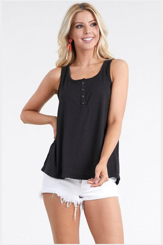 Ninexis Square Neck Half Button Tank - Top - Black - Bella Bourget