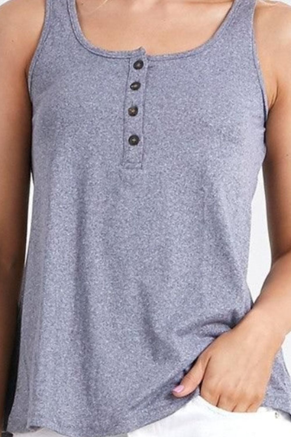 Ninexis Square Neck Half Button Tank - Top - Gray - Bella Bourget