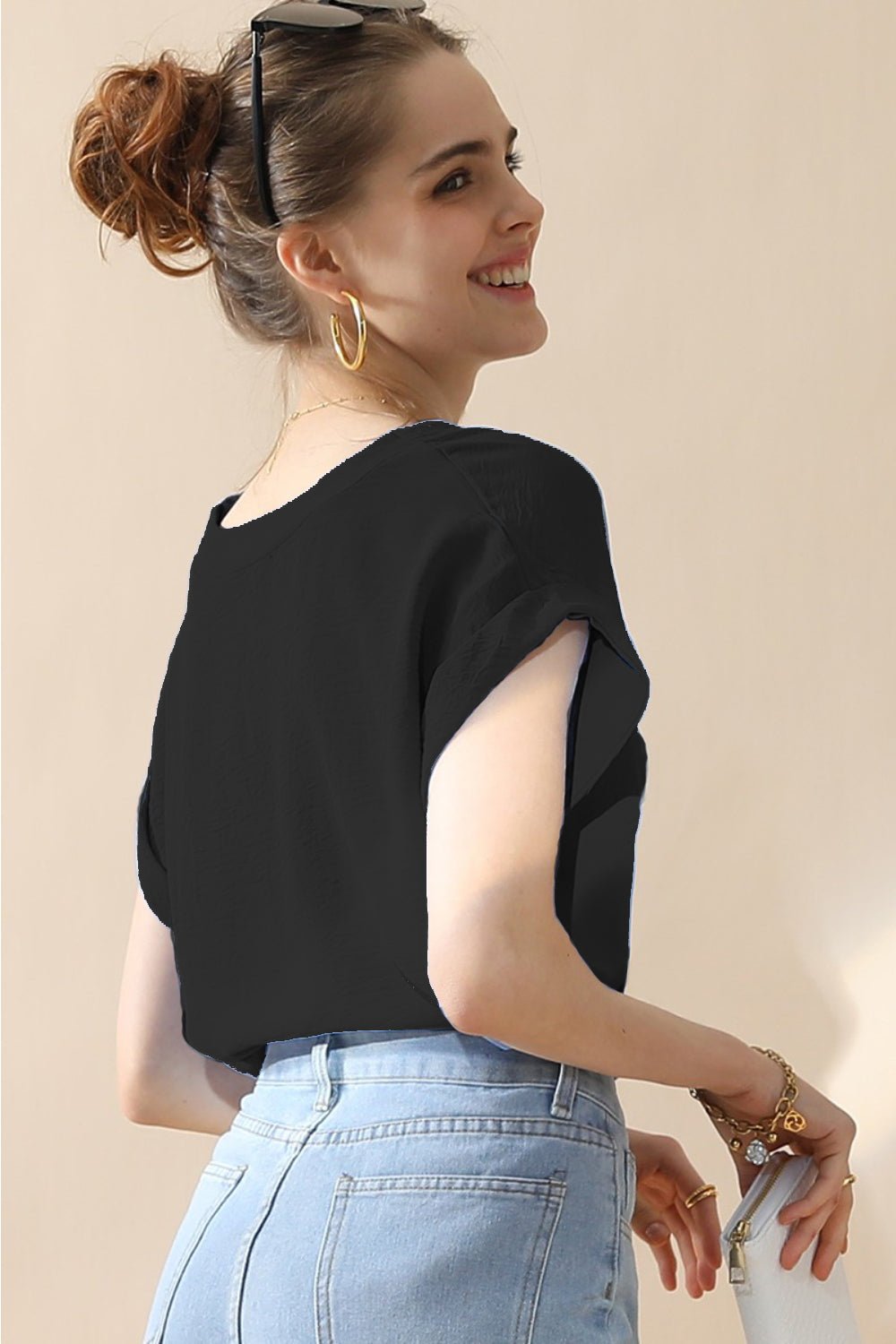 Ninexis V - Neck Trim Rolled Short Sleeve Shirt - Blouse - BLACK - Bella Bourget