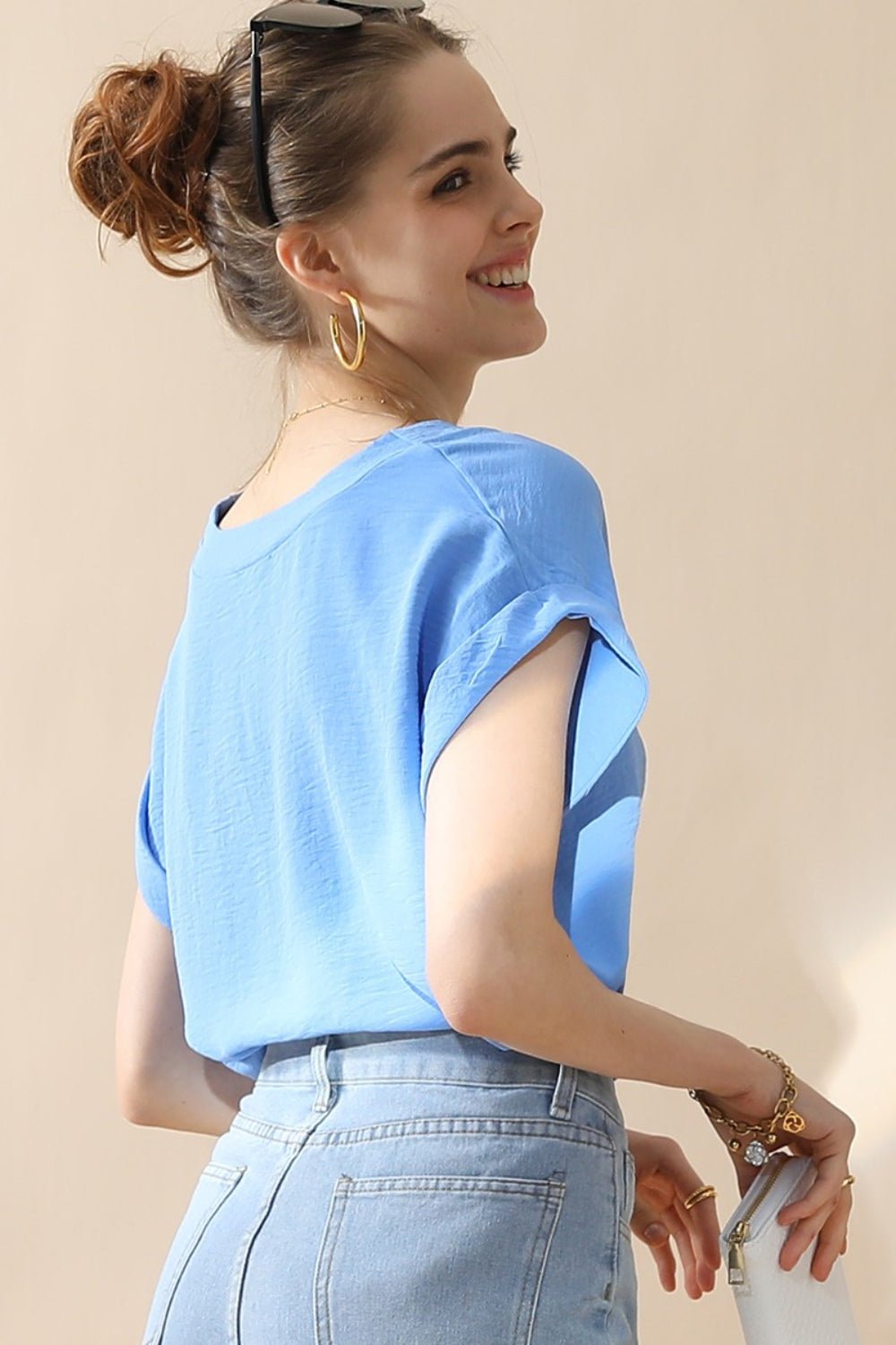 Ninexis V - Neck Trim Rolled Short Sleeve Shirt - Blouse - BLUE - Bella Bourget