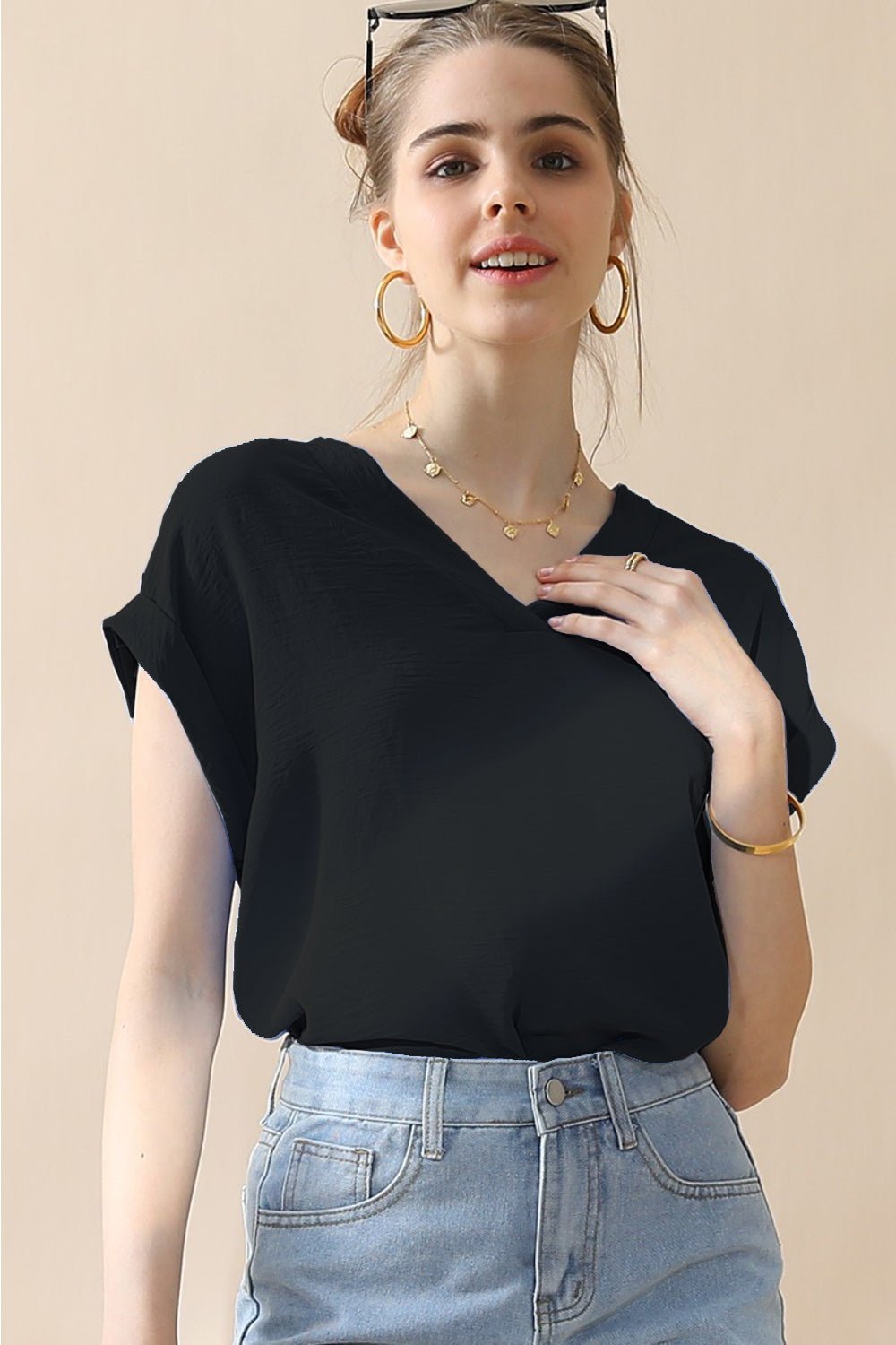 Ninexis V - Neck Trim Rolled Short Sleeve Shirt - Blouse - BLACK - Bella Bourget