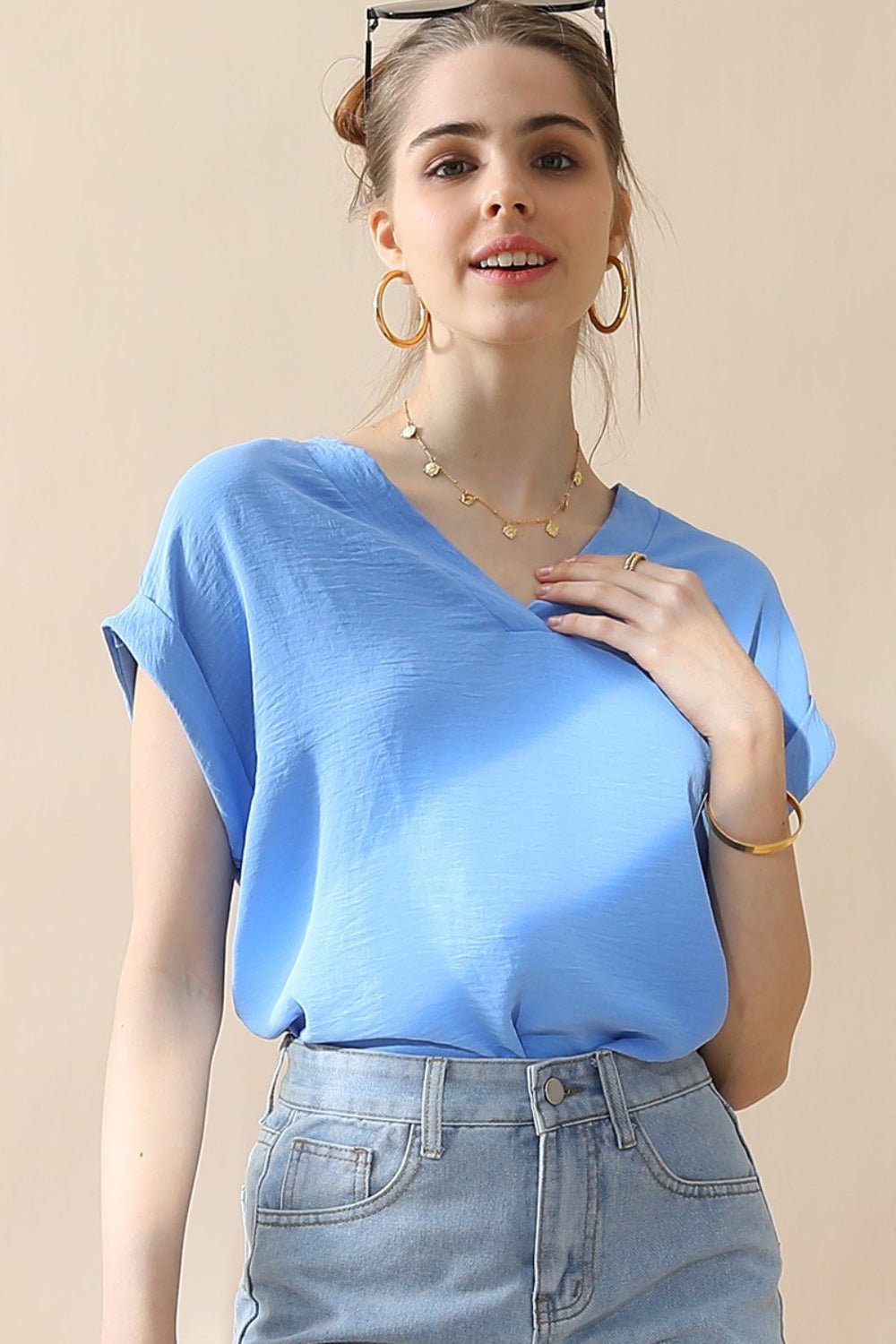 Ninexis V - Neck Trim Rolled Short Sleeve Shirt - Blouse - BLUE - Bella Bourget