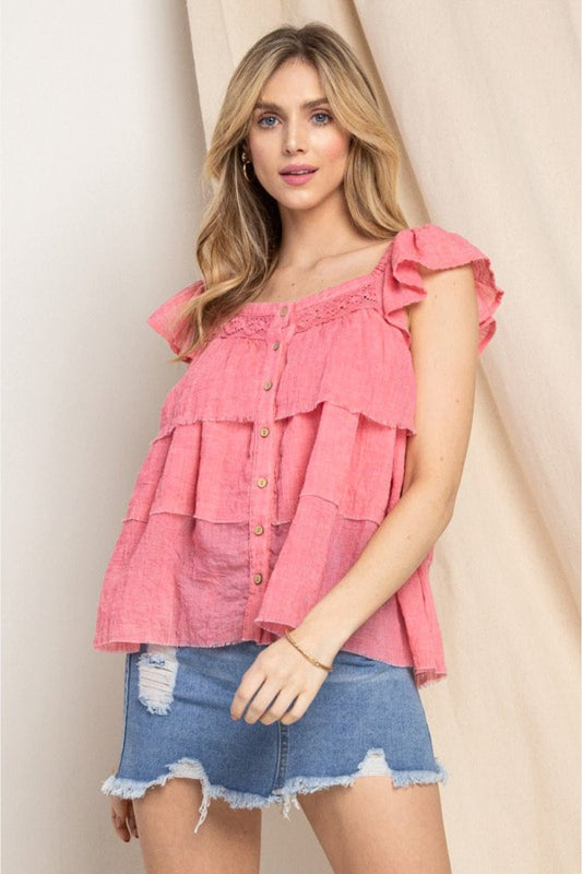 ODDI Full Size Buttoned Ruffled Top - Top - Strawberry - Bella Bourget