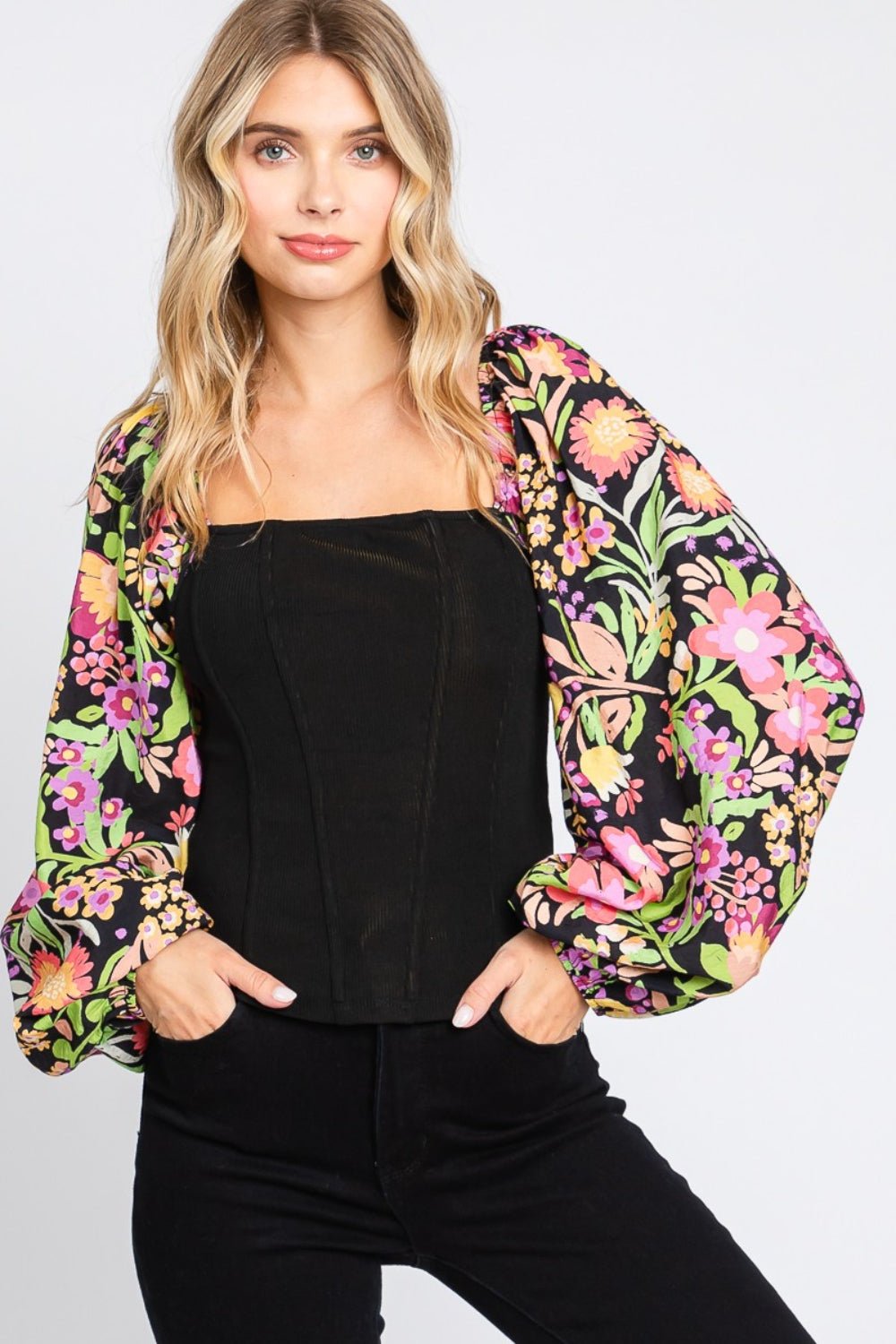 ODDI Full Size Floral Balloon Sleeve Blouse - Top - Black - Bella Bourget