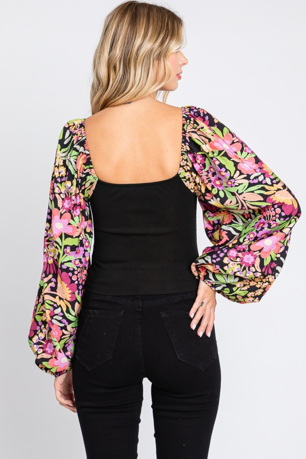 ODDI Full Size Floral Balloon Sleeve Blouse - Top - Black - Bella Bourget